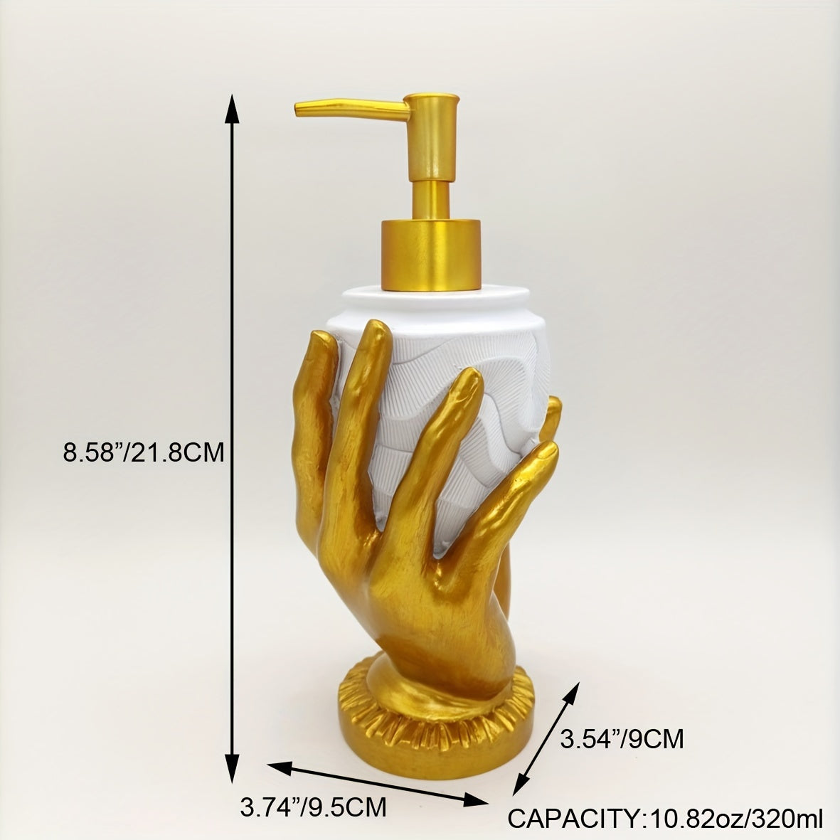 Elegant gold fingerprint resin soap dispenser, mercury-free with textured design. Ideal for bathroom and kitchen decor. Made of resin.