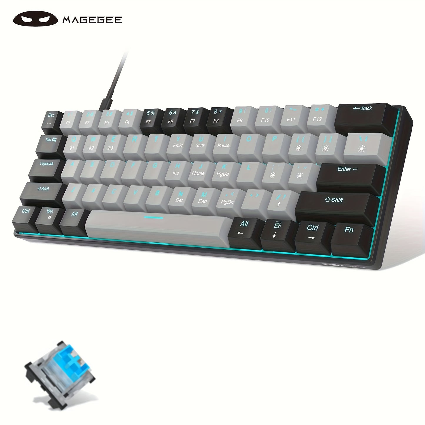 MageGee Ergonomic 60% Mechanical Gaming Keyboard with Blue Switches, Sea Blue Backlit, Compact and Portable for Gamers, USB Powered.