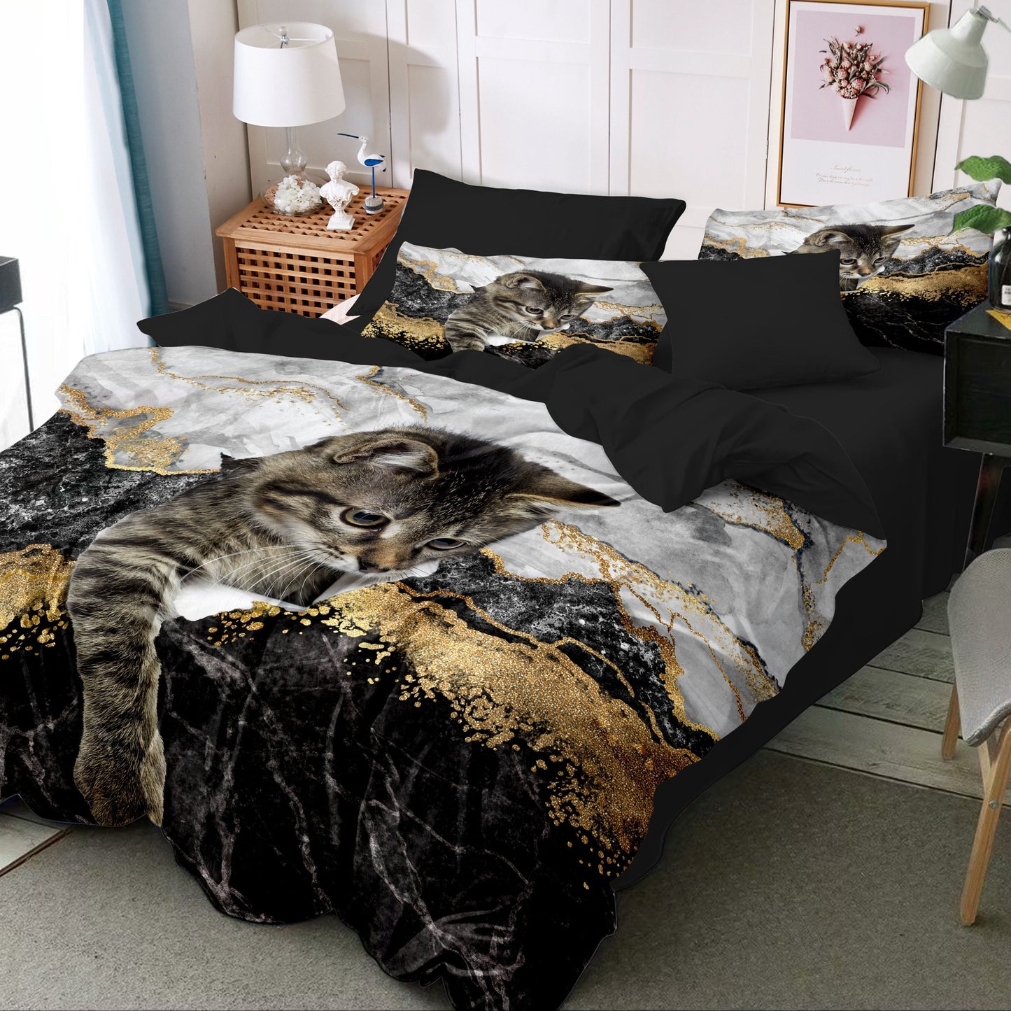 1 Cat & Marble Duvet Cover Set with Pet Cat Pattern Bedding Set featuring a Cute Kitten Printed Comforter Cover. Ideal for Boys, Girls, and Teens with an adorable 3D Animal Theme. The perfect Cat Lover's Gift includes 1 Duvet Cover and 1 or 2 Pillow