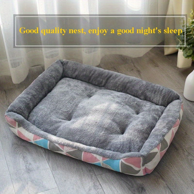 Rectangle pet bed with blue cartoon design, soft and comfortable for small to medium breeds. Made with polyester fiber fill.