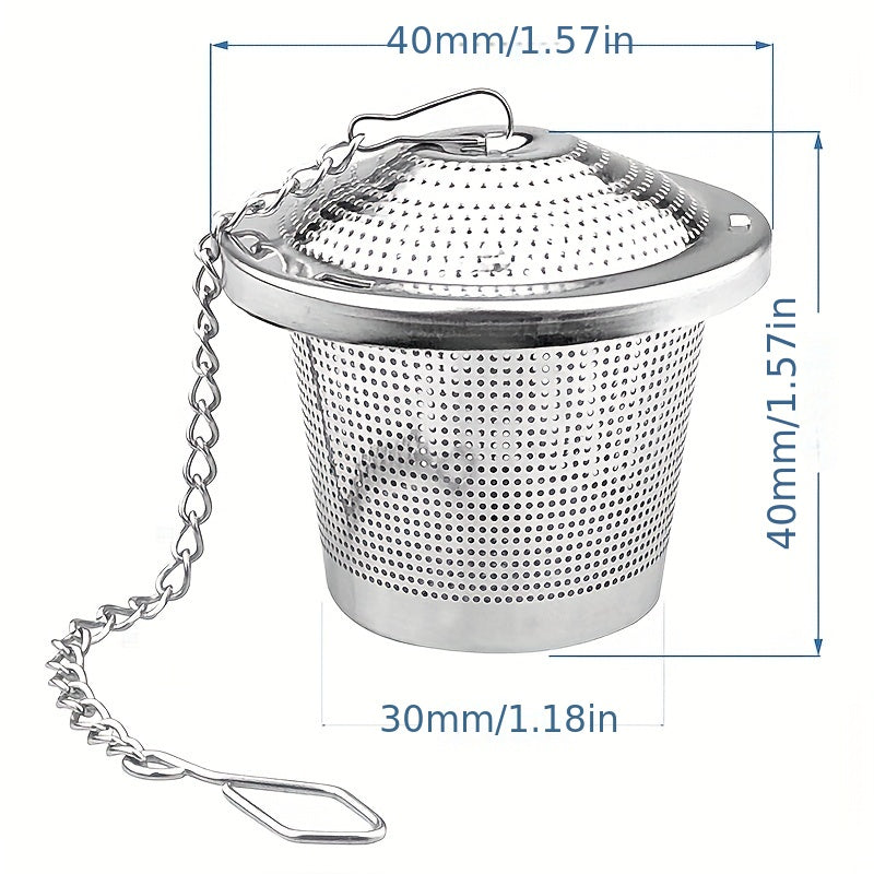 A tea infuser made of durable stainless steel featuring a 304 mesh strainer, perfect for brewing loose leaf tea, spices, and seasonings. This kitchen gadget comes with a convenient chain hook for easy removal from your cup or pot.