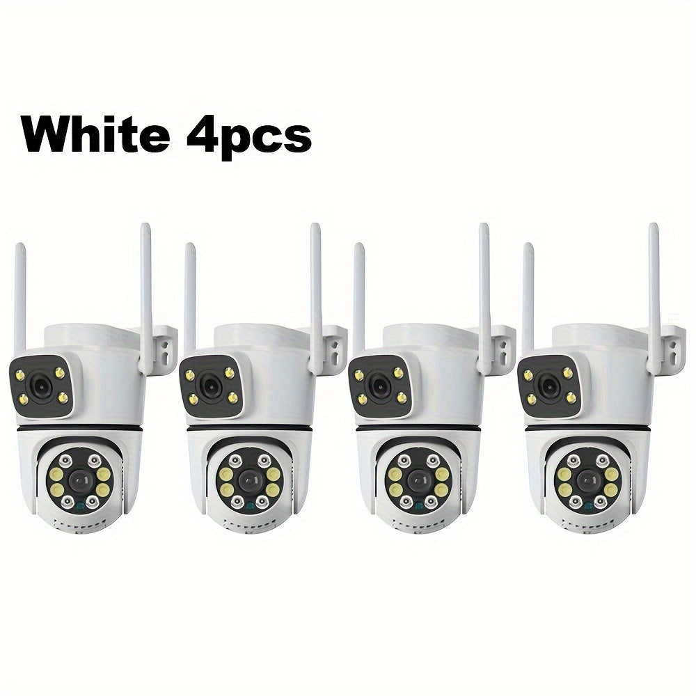 Enhance your home security with 4 dual lens outdoor surveillance cameras featuring 2.4G/Wifi wireless connectivity. Enjoy video surveillance, body tracking, night vision, two-way audio, motion alerts, 355° rotation, and remote viewing on your mobile