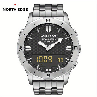 High-end sports digital watch for men with stainless steel casing and features including 50m water resistance, altimeter, barometer, compass, luminous display, date and time zone settings.