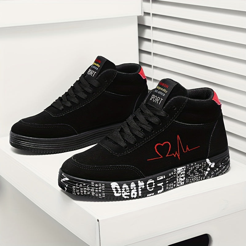 Women's high-top sneakers in red with a white heart and "I Love You" print, featuring a thick EVA sole for lightweight comfort. Made for casual travel with a lace-up design and all-season