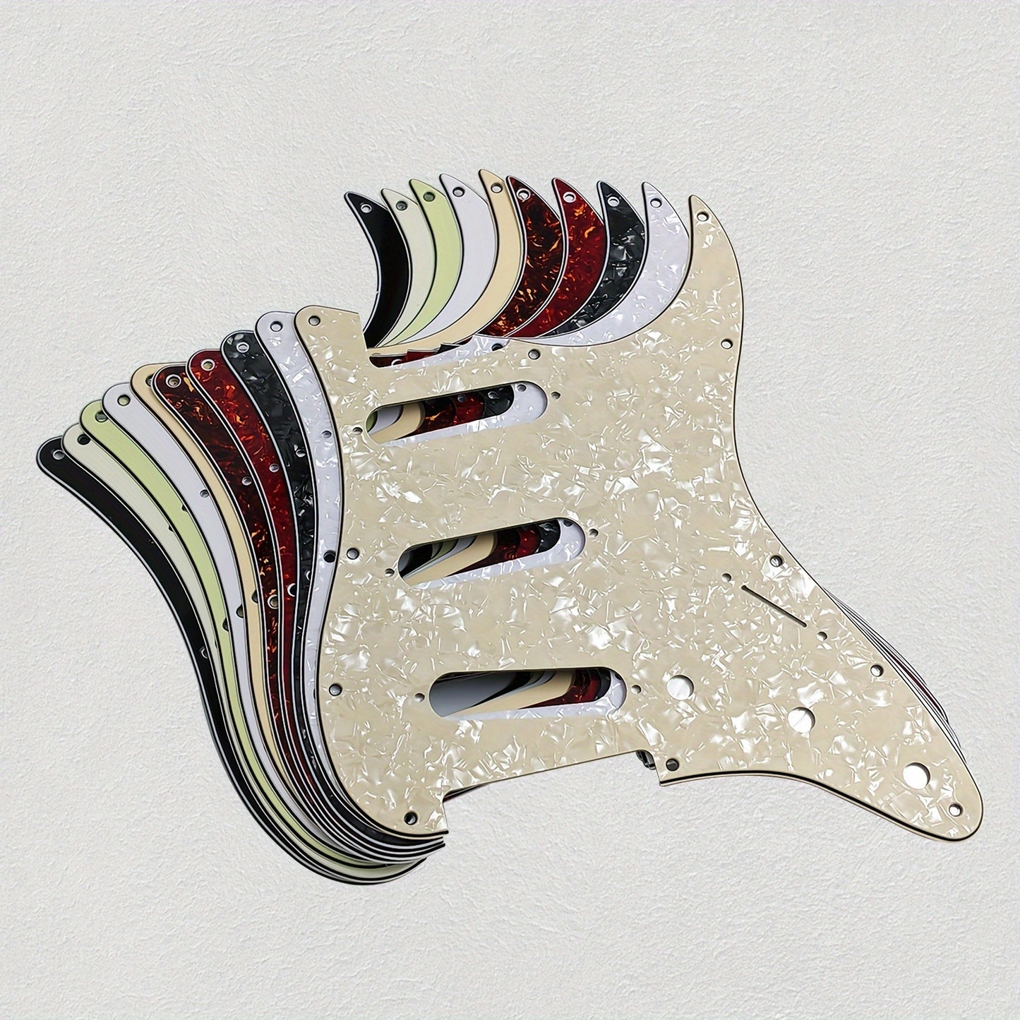 ST electric guitar single pickup guard with 11 holes, installation screws, and aluminum foil shielding. Fits standard FD ST style guitars, available in multiple colors.