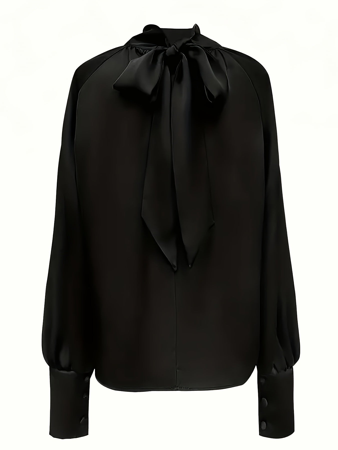 Stylish black satin blouse with lantern sleeves, high neckline, loose fit, and button detail in polyester fabric for women's fashion.