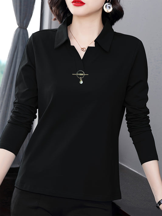 Casual long sleeve collared t-shirt in solid color for spring and fall, women's clothing.