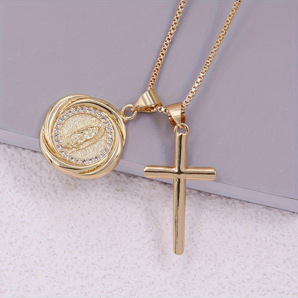 Elegant and simple, the Inlaid Zirconia Virgin Mary and Cross Pendant Necklace is a perfect gift for Mother's Day and birthdays. This detachable layered charm fashion jewelry combines style and spirituality to create a unique and meaningful piece for