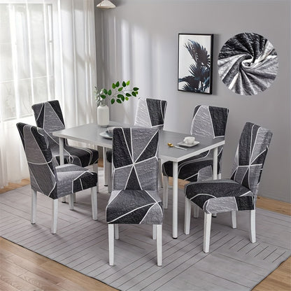 Contemporary geometric chair slipcovers in black and white. Stretchable, dustproof, lightweight fabric. Ideal for home, hotel, or restaurant decor. Easy care, machine washable. Set of 4 or 6.