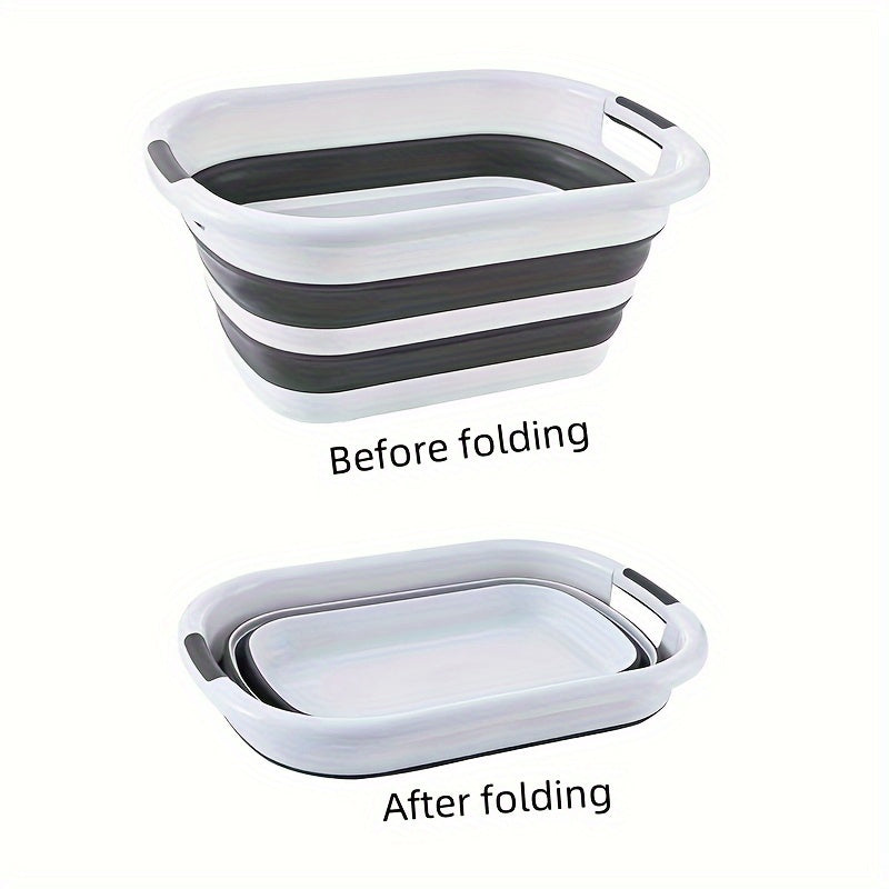 Foldable laundry basin with 3 handles, ideal for home and outdoor use, can be used for clothes, toys, and pet bathing.