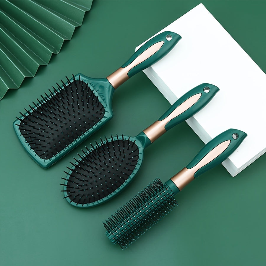 Hair brush set with 3pcs/5pcs including air cushion comb, round curling brush, and detangling brush. Features anti-static plastic bristles, wide tooth design, ABS handle. Ideal for straight