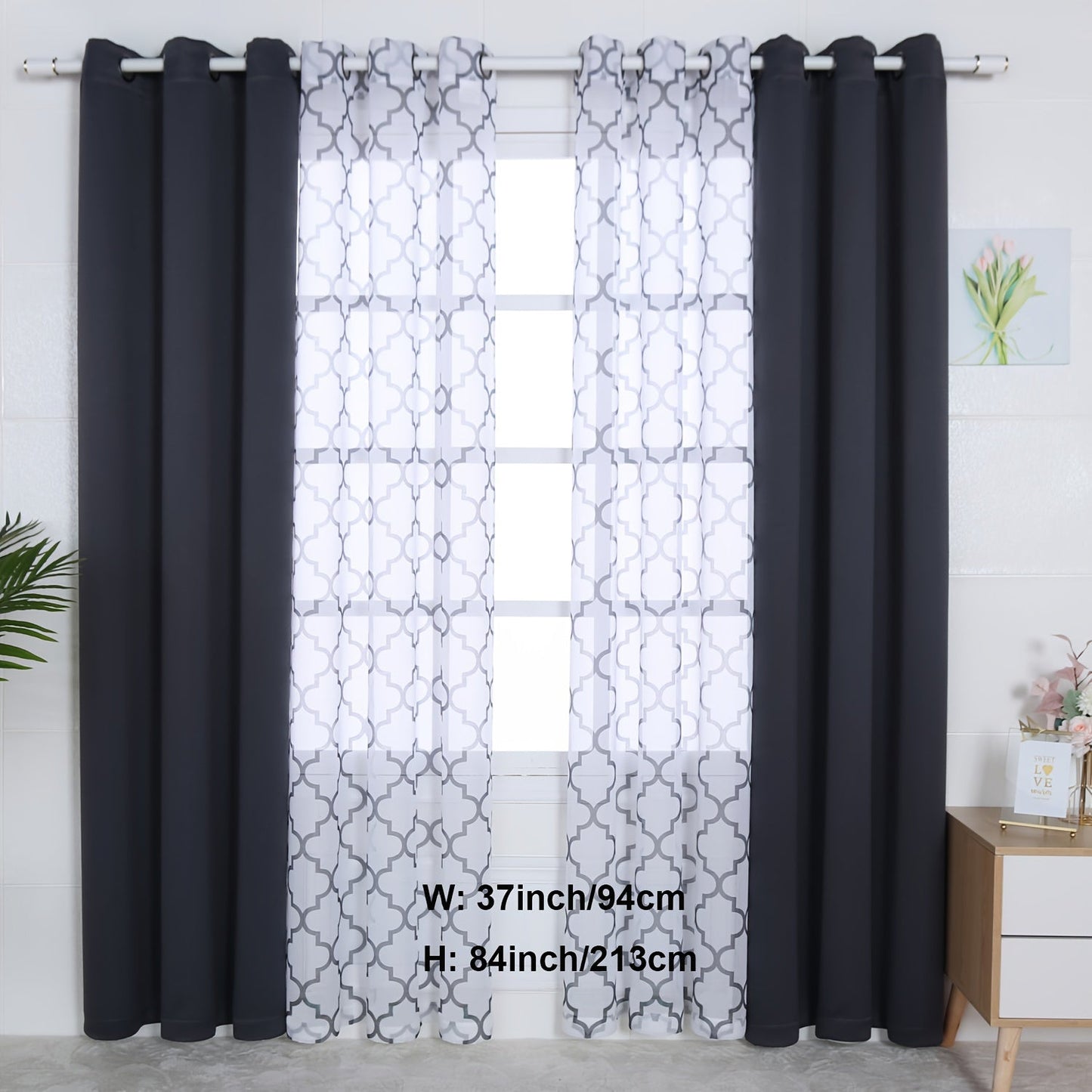 Blackout Curtains and Sheer Panels with Snowflake Pattern, Including Rods, Indoor Set of 4, Weighing 200 Grams in Total.