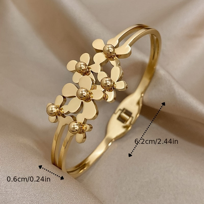 Elegant Gold-Plated Stainless Steel Bracelet for Men with 6 Flower Design Details