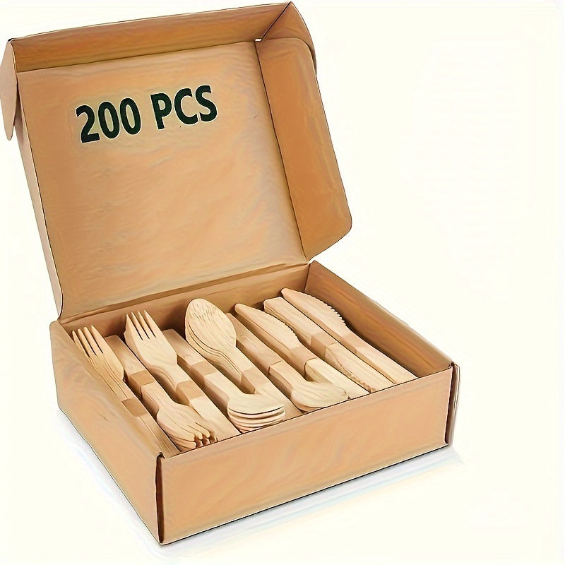 Bundle of wooden utensils - Includes 100/200 pieces of disposable cutlery (50/100 forks, 25/50 knives, 25/50 spoons). Perfect for events and catering, these 5.5-inch tools are made of high-quality wood. Complete your dining set with this 14cm wooden