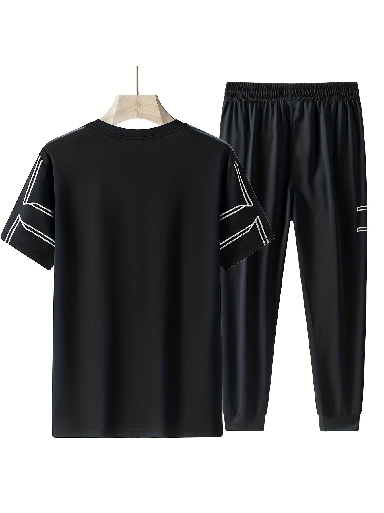 Men's 2 piece outfits with geometric line pattern t-shirt and drawstring jogger pants.