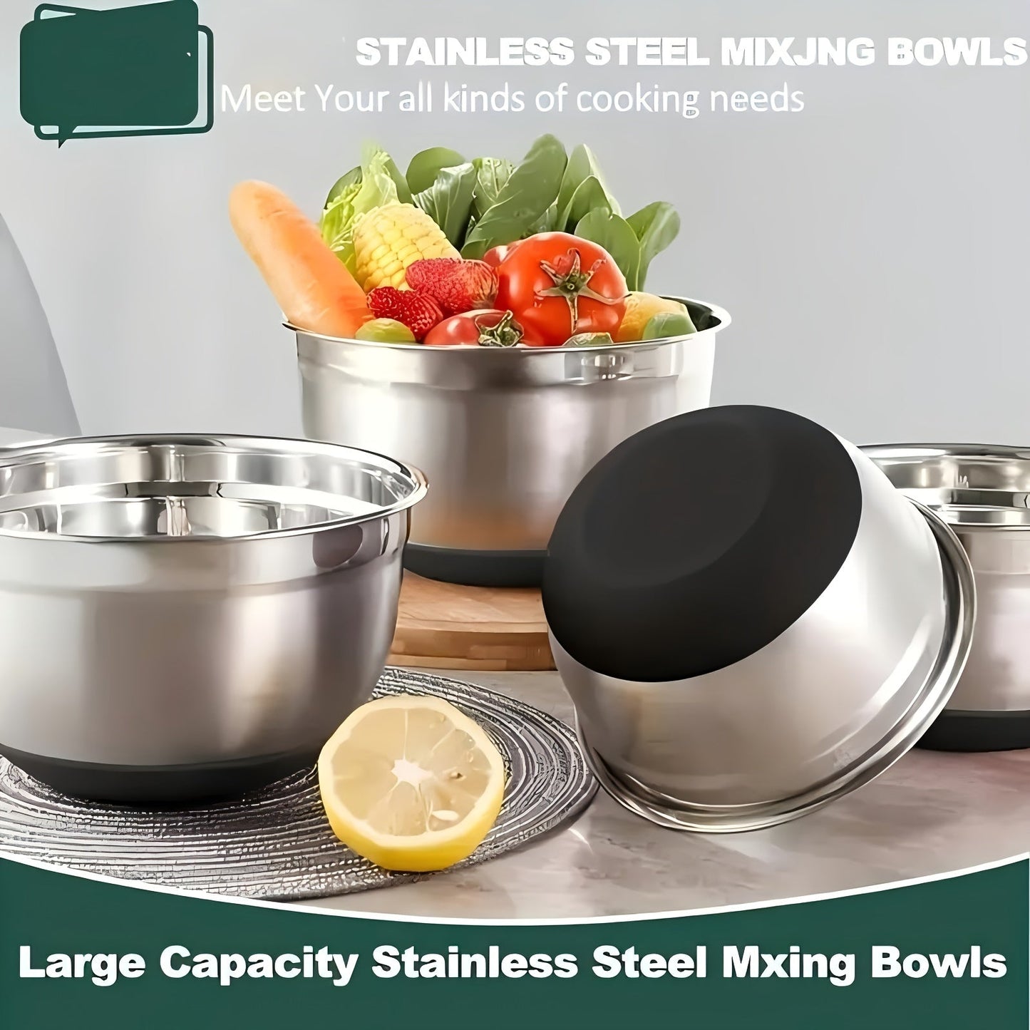 Set of 5 stainless steel mixing bowls with airtight lids, perfect for kitchen baking, serving, and storage. Heavy-duty, dishwasher safe, and essential kitchen accessories for home cooking.