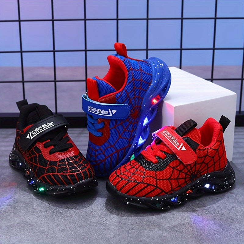 MGO Kids LED sneakers with spider web design, mesh upper and PVC sole, suitable for ages 1-6 for all-season wear.