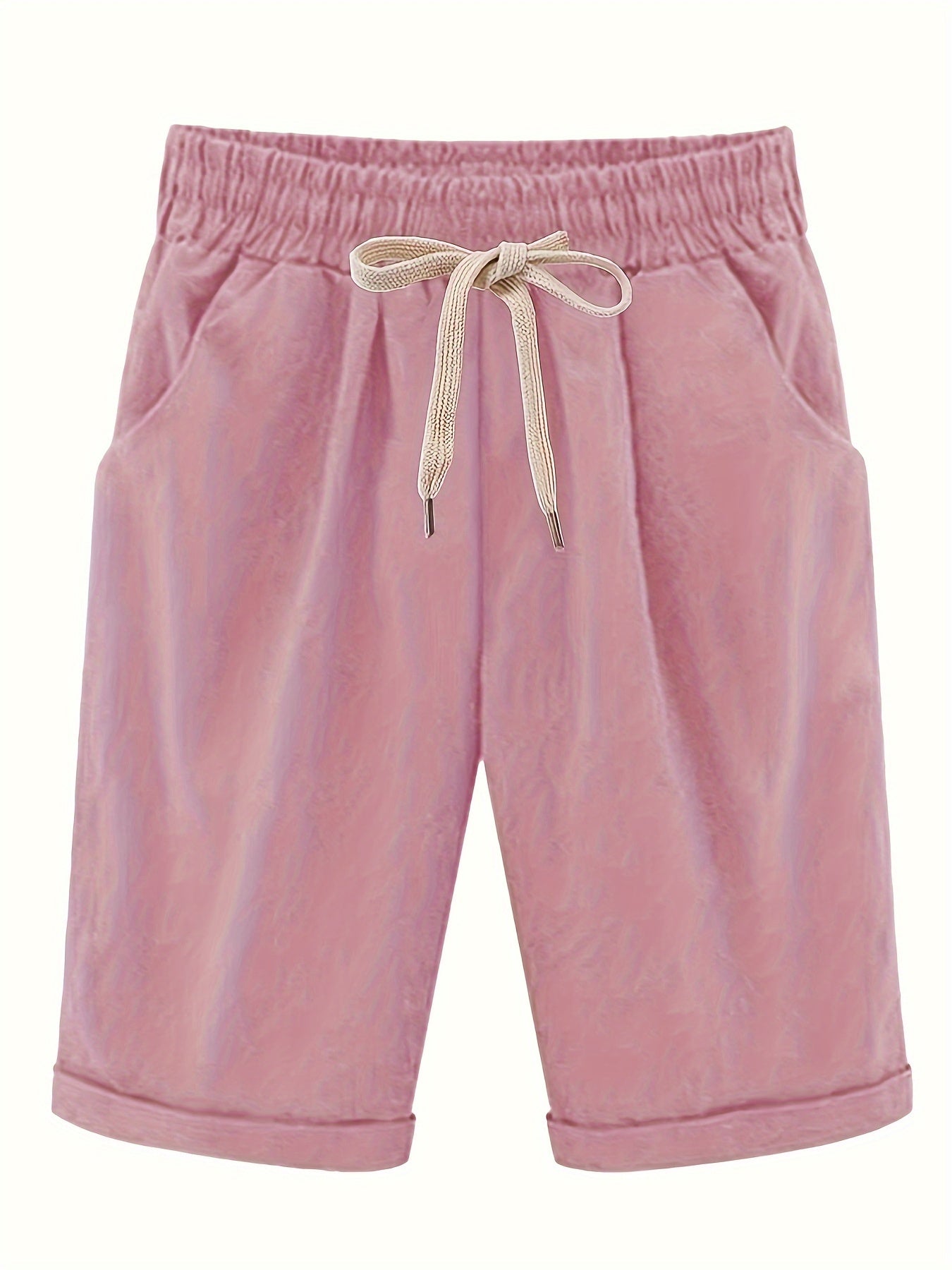 Women's Plus Size High Rise Drawstring Shorts with Pocket, Slight Stretch and Solid Casual Style.