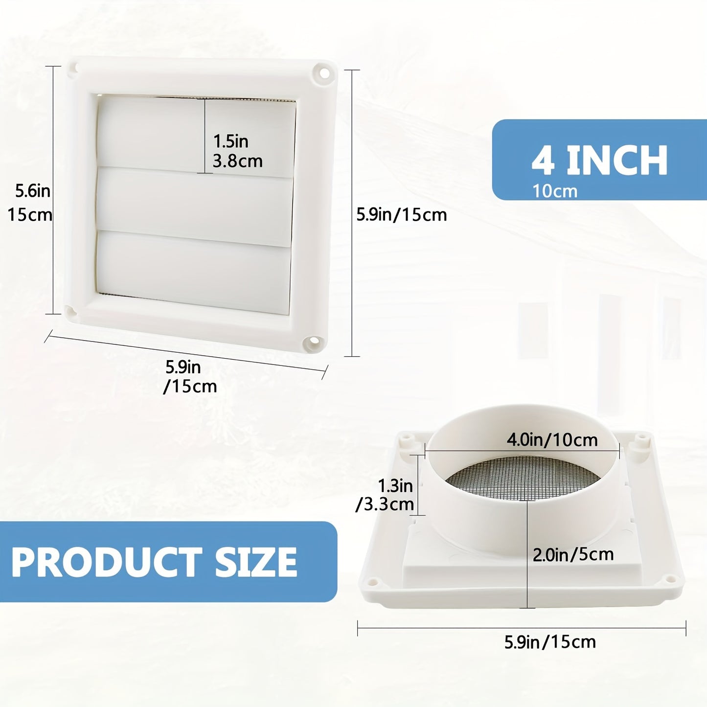 White dryer vent cover with screen for exterior wall vent hood outlet airflow, 10.16cm x 15.24cm in size. Includes 4 screws for easy installation.