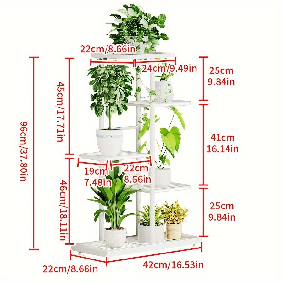 Iron plant stand with 5 layers for organizing and displaying flowers and pots in the home garden.