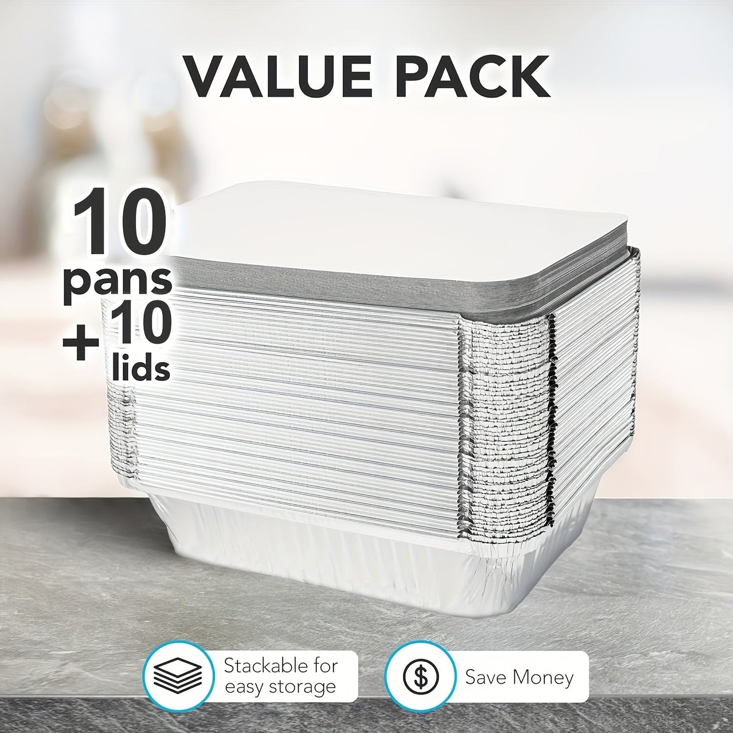 Pack of 10 aluminum pans with lids - Perfect for meal prep, freezer cooking, and baking. Medium sized takeout containers.