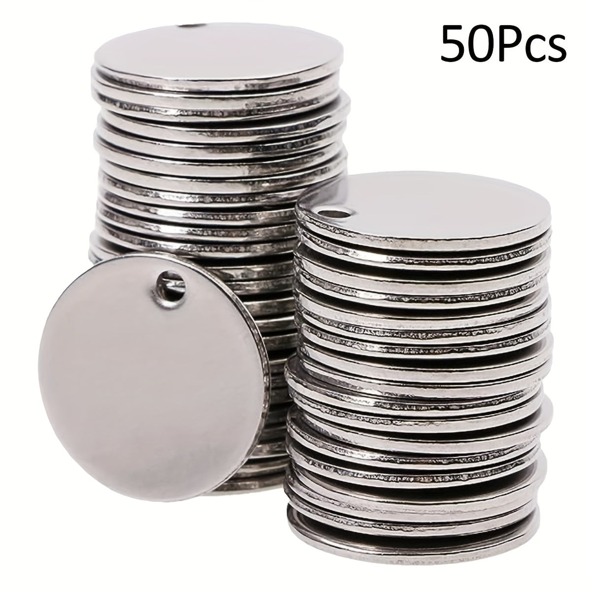 Fifty pieces of 25mm round stainless steel pendants, flat blank stamping tag pendants. These mini discs are perfect for creating bracelet, earring, and necklace chain charms. Great for jewelry making, featuring number and alphabet stamping designs.