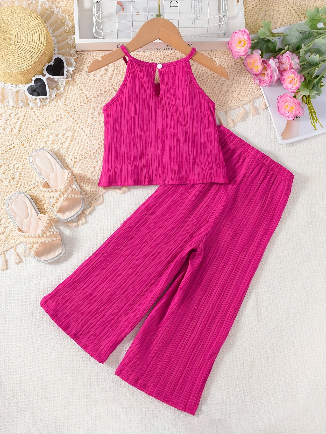 Girl's sleeveless sling top + straight pants trendy set for summer outdoor holiday outfits.