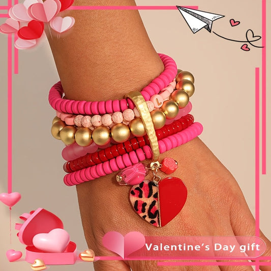 An elegant Bohemian pink Valentine's Day bracelet adorned with layers of beads, ideal for women's fashion wear on any occasion, be it everyday or festive.