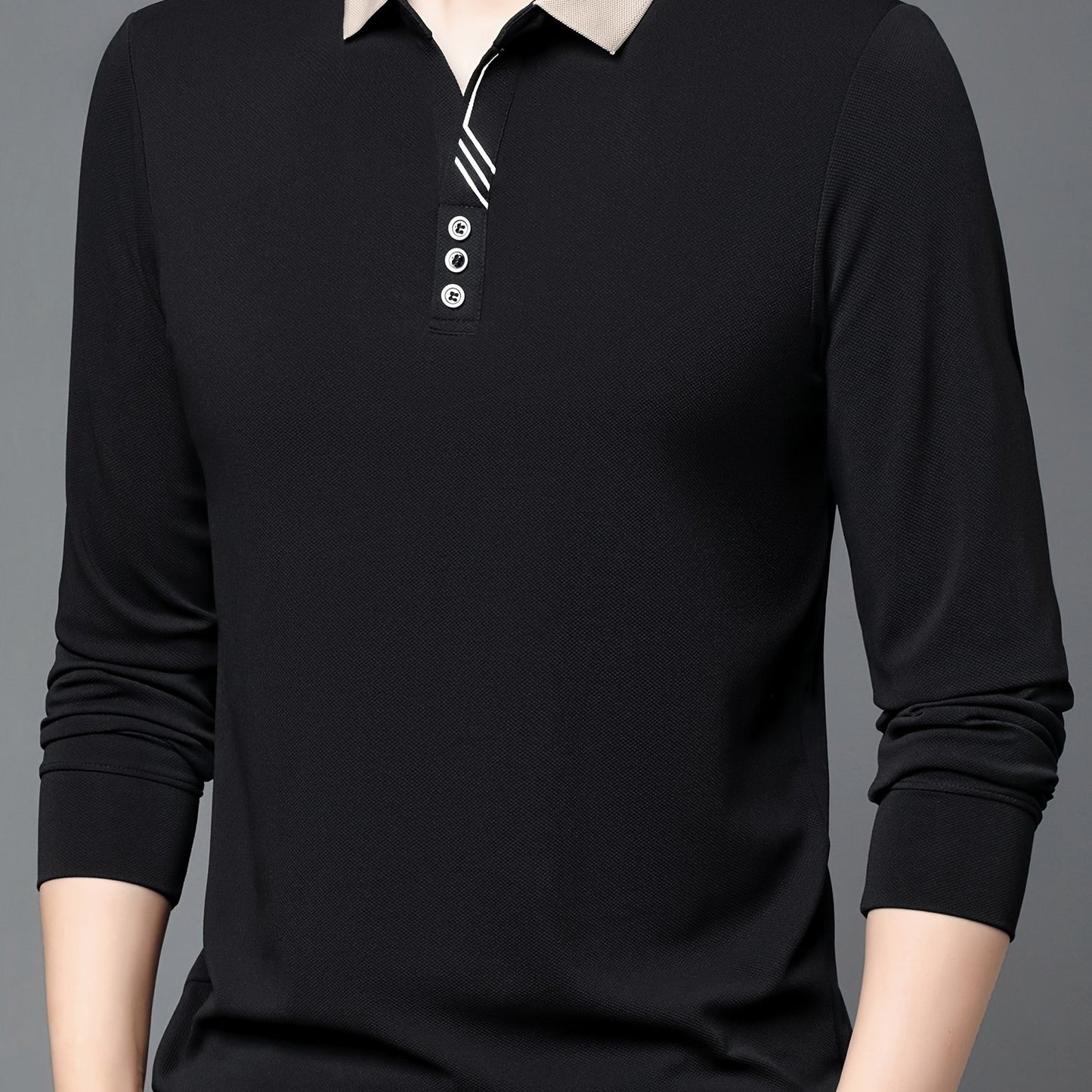 Men's casual business style long sleeve polo shirt made of 95% polyester and 5% spandex. Features a solid color, slight stretch fabric, regular fit with button detailing, and half placket.