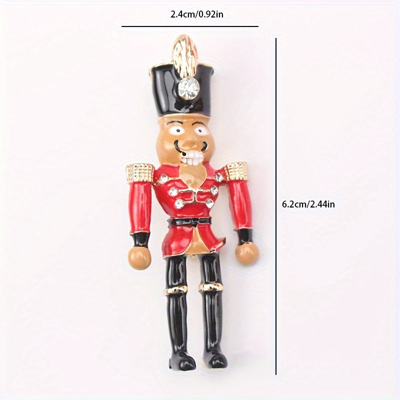 Holiday Nutcracker Soldier Brooch Pin, a festive accessory to adorn your lapel or clothing with a touch of whimsy. Perfect for adding a decorative flair to your outfit.