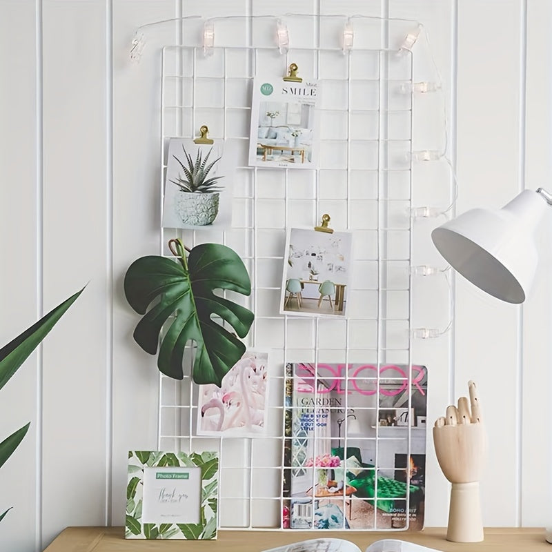 Thick iron mesh photo wall for DIY bedroom art with spare tools.