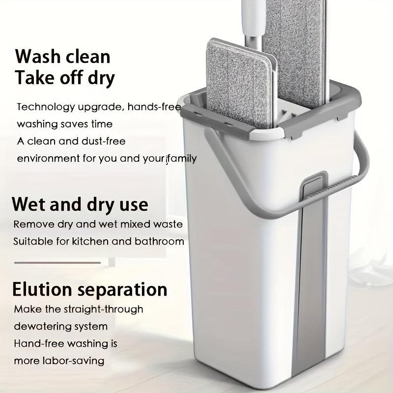 One piece of a reusable flat mop set that includes a bucket. This no-scratch cleaning tool can be used wet or dry on a variety of surfaces such as tiles, marble, and wood floors. Perfect for home cleaning supplies in the kitchen, bathroom, living room