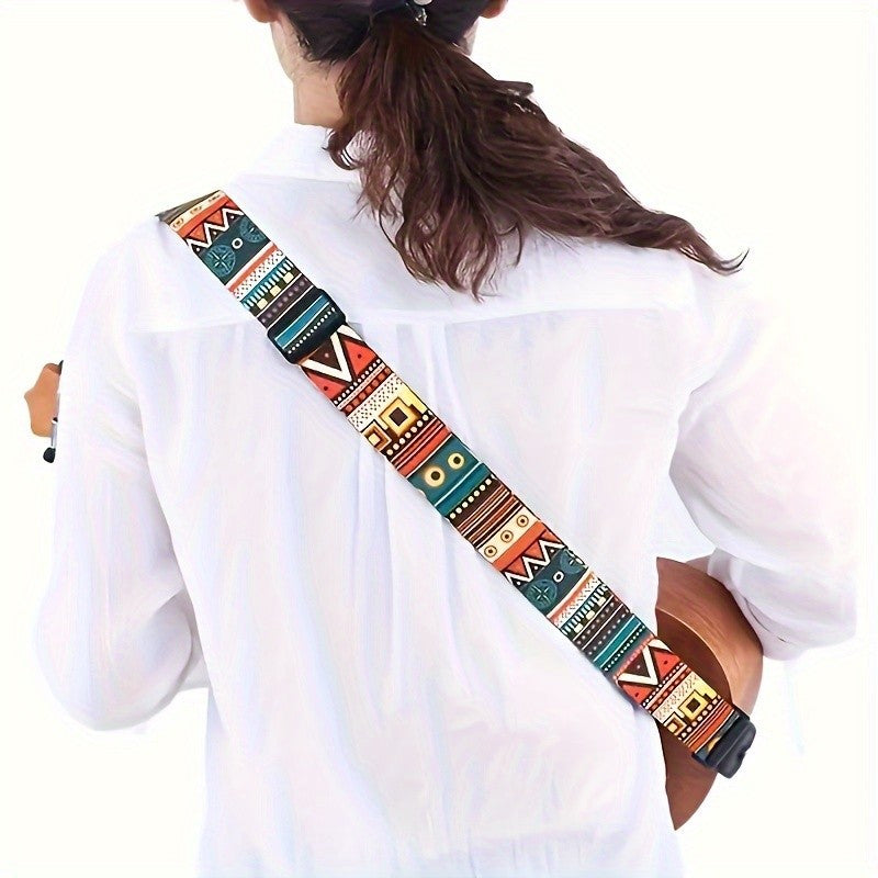 Bohemian Tribal Pattern Adjustable Guitar Strap made of faux leather and thick polyester, with secure locking system. Compatible with electric guitar, bass, and ukulele. Durable shoulder