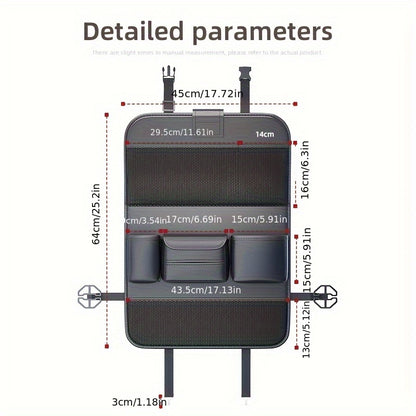 1 PU leather car storage hanging bag with large capacity, backrest, dining table, and universal fit.