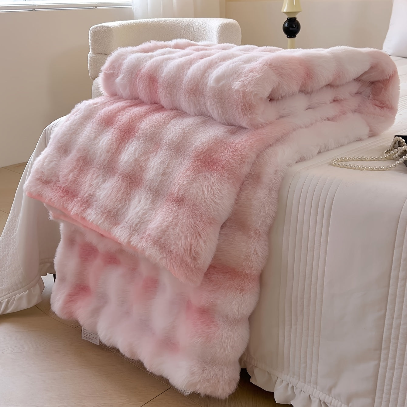 One piece of tie-dye faux rabbit fur blanket with shaggy short plush material for a soft, fluffy bed or sofa blanket, perfect for cozy naps and throws.