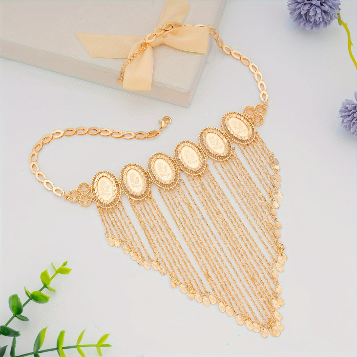 Exquisite Handmade Tassel Rose Print Jewelry Set in Arabian Style - Crafted with Premium Copper and Durable Champagne Plating - Perfect Bridal Collection for Weddings, Banquets, and Ramadan Celebrations - Includes 5pcs Set