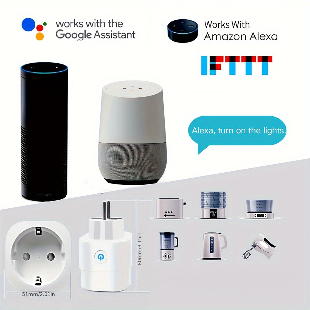 WiFi smart plug 16A EU socket with Tuya Smart Life app for voice control and power monitoring through Alexa and Google Home Assistant.