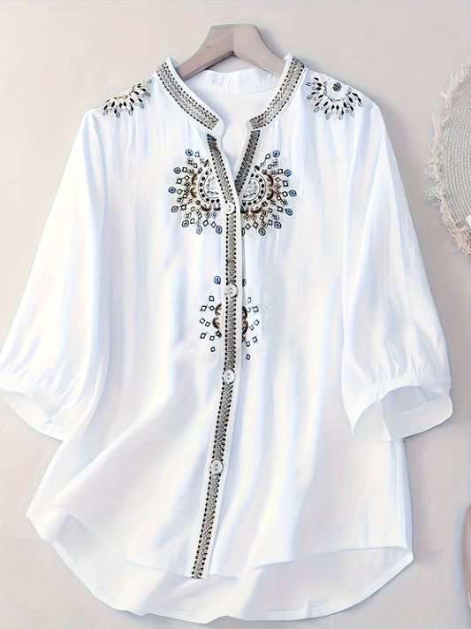 Embroidered short sleeve blouse with stand collar for women, made of breathable polyester, machine washable, semi-sheer.