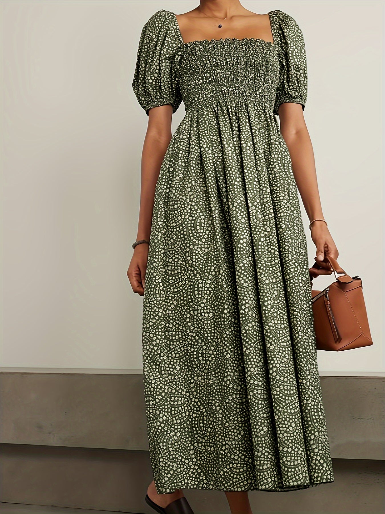 Plus size dress with parallel pleats and floral print, organic green, mid-long length.