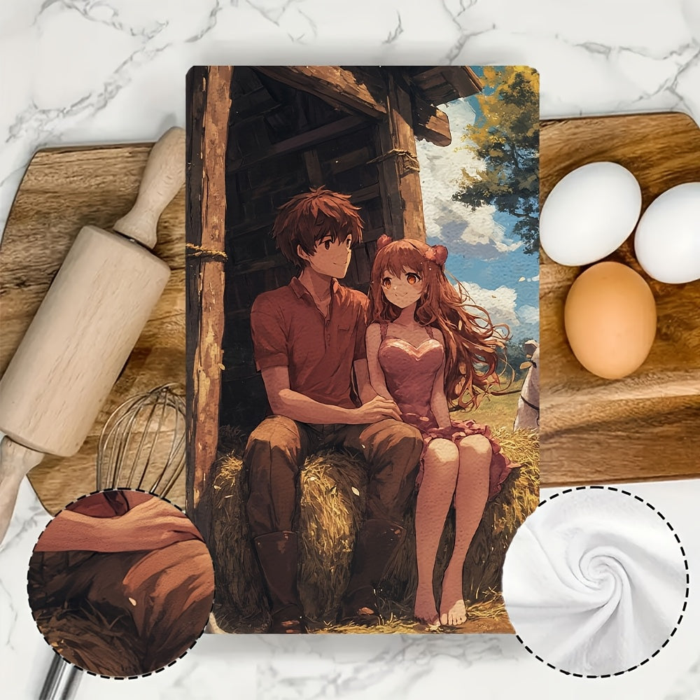 This set includes 2 ultra-soft kitchen towels with an anime couple seated on a heart-shaped hay bale at a farm, feeding animals. These dish towels are highly absorbent, perfect for holiday decoration, machine washable, and measure 40.64X60.96 cm.