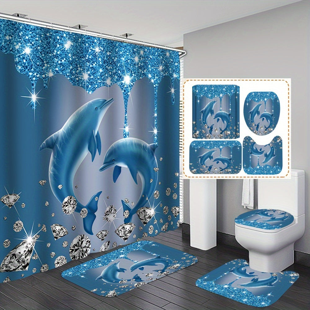 Diamond dolphin print shower curtain set with hooks, bath mat, rug, and toilet lid cover. Waterproof polyester fabric for all seasons.