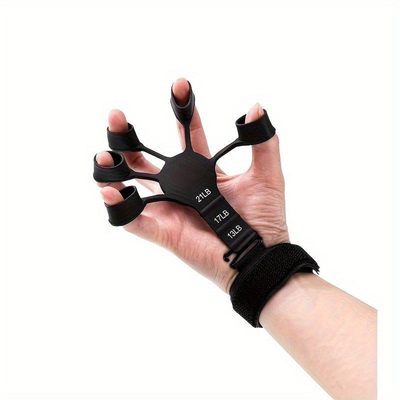 Silicone finger trainer and wrist strengthener with 5-finger cutout design for basketball training.