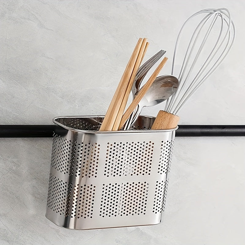 Stainless Steel Chopstick Holder with Drain Rack - Dual-Compartment Organizer for Utensils, Stationery, Makeup Brushes - Rectangular Shelf for Wall or Tabletop - No Wood or Power Needed - Open Storage Design.