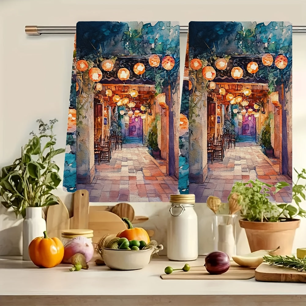 Two pieces of kitchen towels featuring an "Enchanting Lantern-Lit Courtyard" design. These ultra soft towels are highly absorbent, machine washable, and have a contemporary style. Measuring 40.64x60.96 cm, they are perfect for holiday decor.