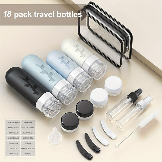 17-piece silicone travel bottle set with portable storage bag, leak-proof and refillable, perfect for travel and outings. Includes surprise gift. Essential for daily outdoor travel.