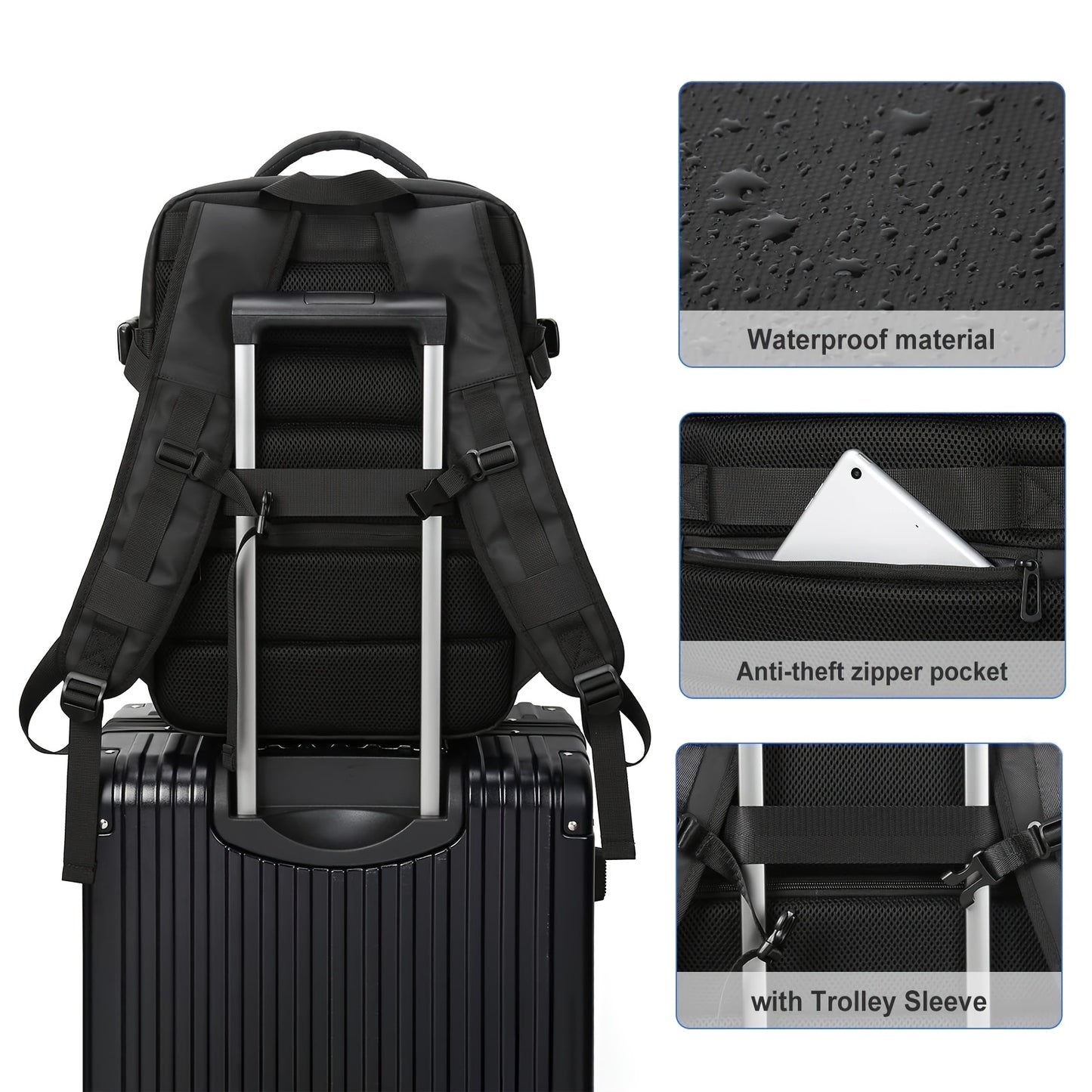 Spacious men's backpack with compartments for travel, business trips, laptops, and college students.