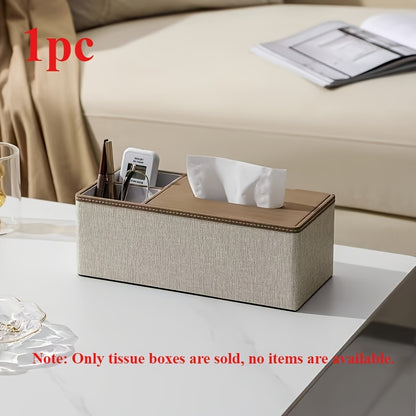 Stylish rectangular tissue holder with cover that doubles as a multifunctional napkin dispenser, remote control storage, and desktop organizer for various rooms in the home. Features