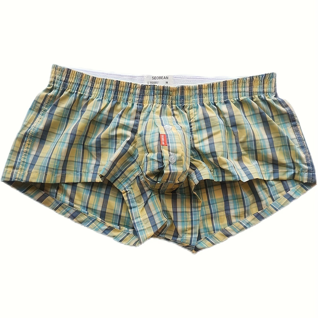 Men's flat corner underpants with front button opening, made of thin pure cotton, low waist sexy plaid shorts.