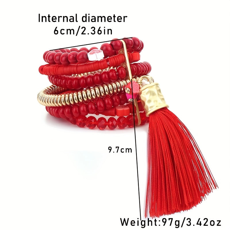 "Бохемный красный браслет с бусинами и кисточкой - многослойный и сексуальный бохо стиль - идеальный подарок на День святого Валентина для женщин - изготовлен из синтетического волокна и смоляной мозаики - подходит для повседневной и праздничной носки"