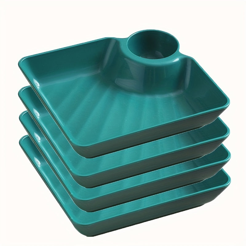 Set of 4 colorful serving platters made of durable, BPA-free PP material. Perfect for serving snacks, sushi, appetizers, and desserts with accompanying dipping sauce dishes. Ideal for charcuterie boards and holiday gatherings.